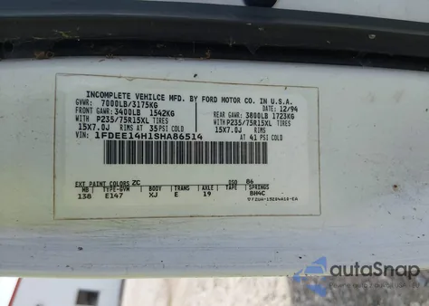 1995 Ford Econoline E150 Van z USA, uszkodzony, nr VIN 1FDEE14H1SHA86514